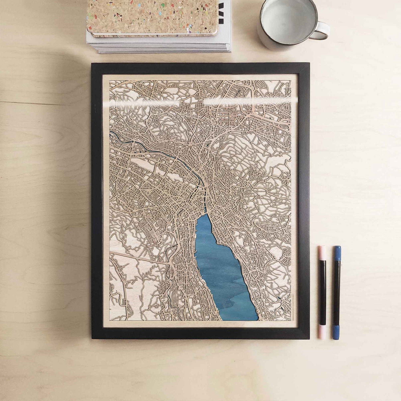 Wooden street map of Zurich - art, engraved, detailed, topographic