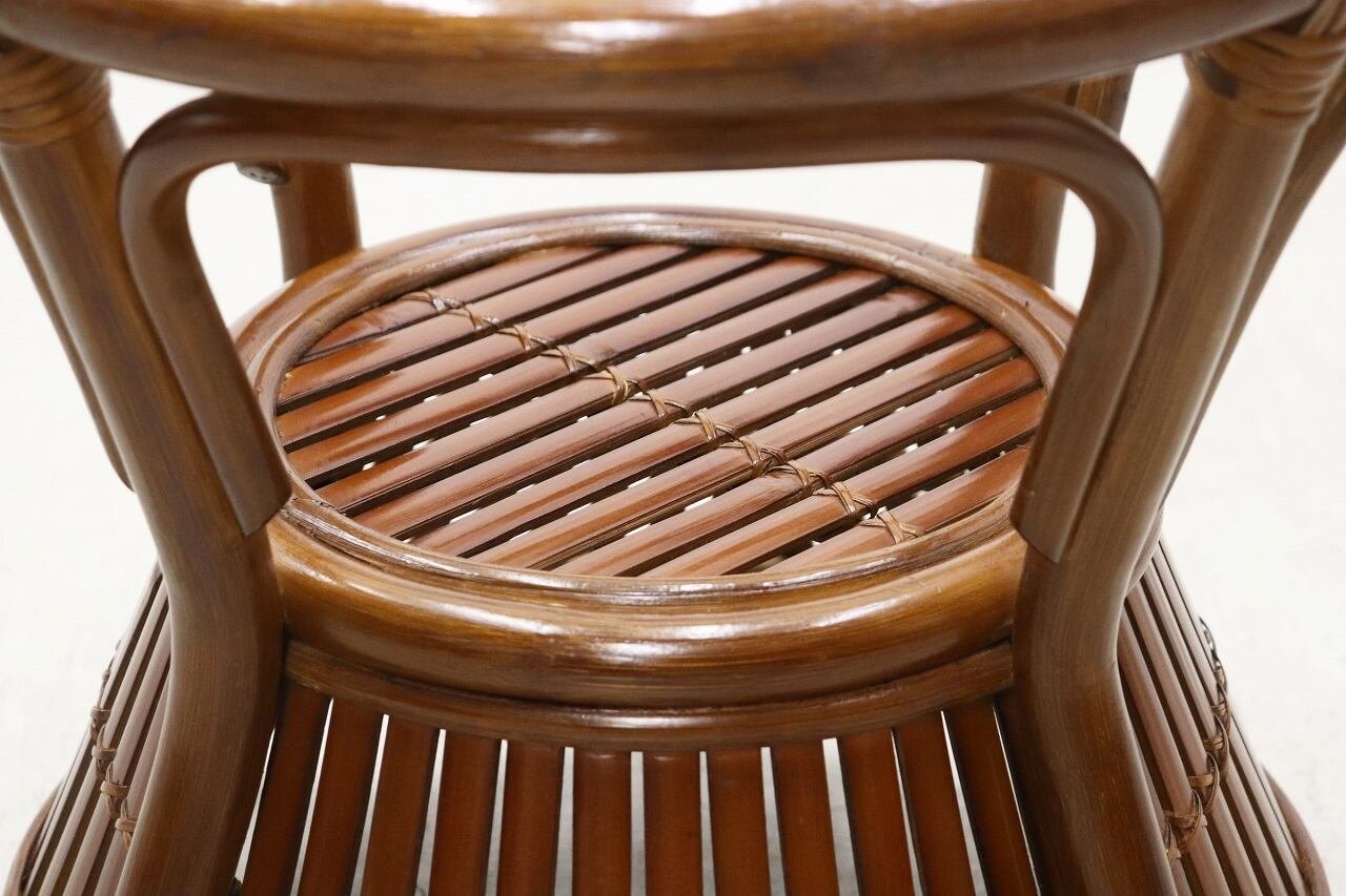 沼津店】レトロ ラタン 籐 ガラス サイドテーブル ラウンド 円型 花台