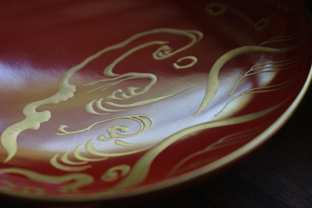 デッドストック！極上金縁朱漆に優美な波千鳥蒔絵のお椀2点（検輪島塗蒔絵椀雑煮椀