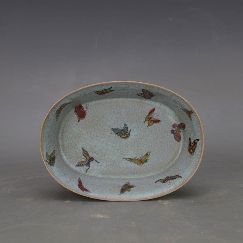 宋汝窯 天青釉蝶紋 四足水仙盆 景徳鎮 陶磁器 装飾品 現代工芸品 美術品 置物